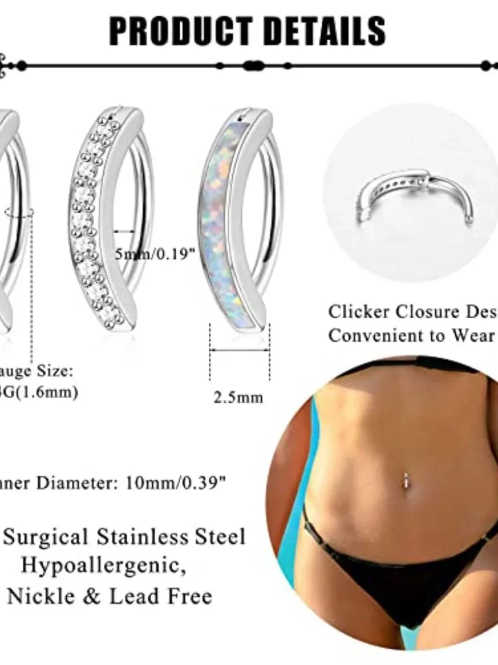 3Pcs 14G Clicker‎ Belly Button Ring for Women